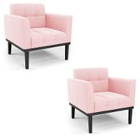 Kit 2 Poltronas Decorativas Pés Fixo Em Madeira Preto Suede Rosa Bebê - 1