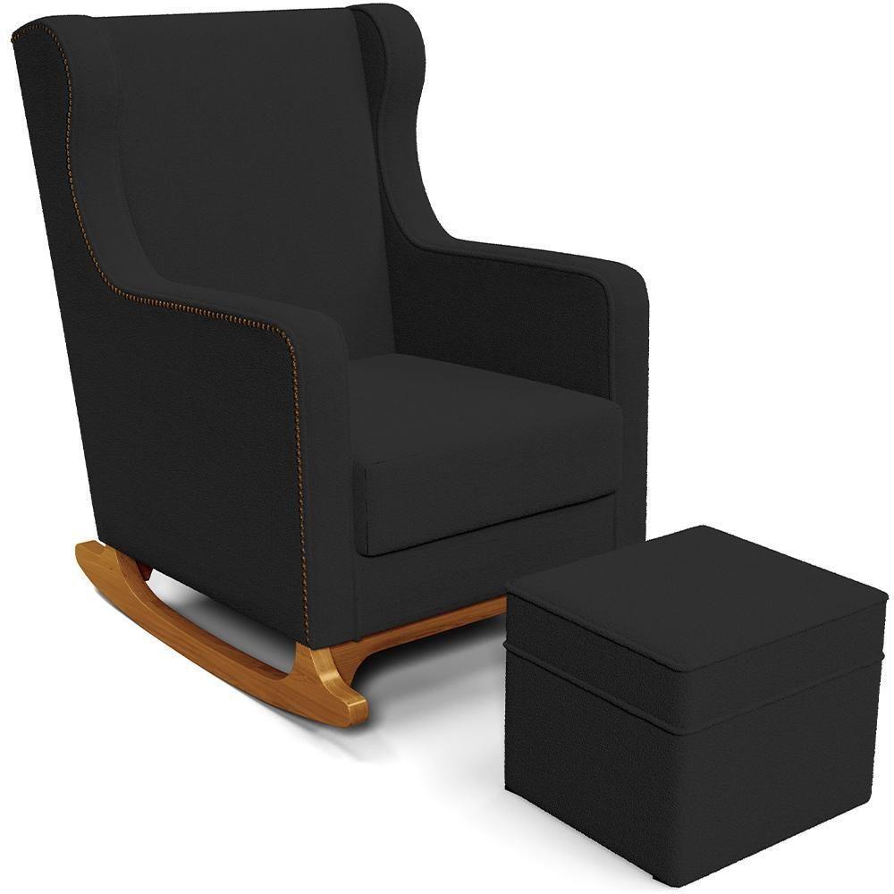 Poltrona De Amamentação Com Balanço E Puff Mavie L02 Bouclê Preto - Lyam Decor - 1