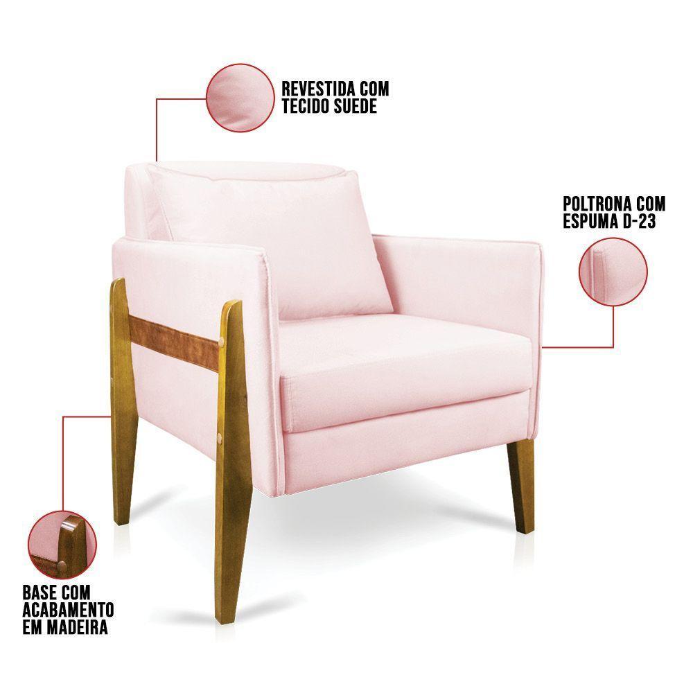 Kit 02 Poltronas Lana Suede Base De Madeira Rosa Bebê - 5