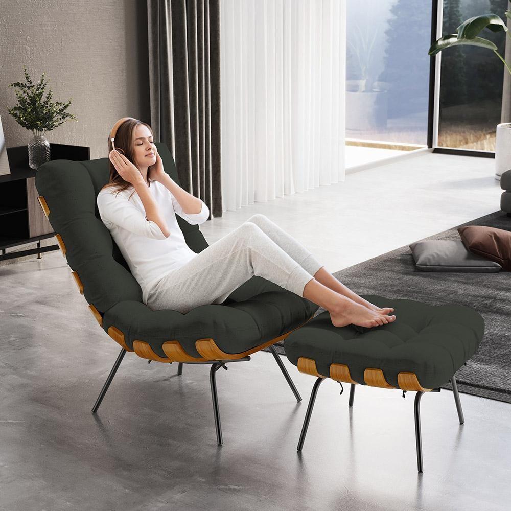 Poltrona Costela L02 Com Puff Sala De Estar Linho Verde - Lyam Decor - 7