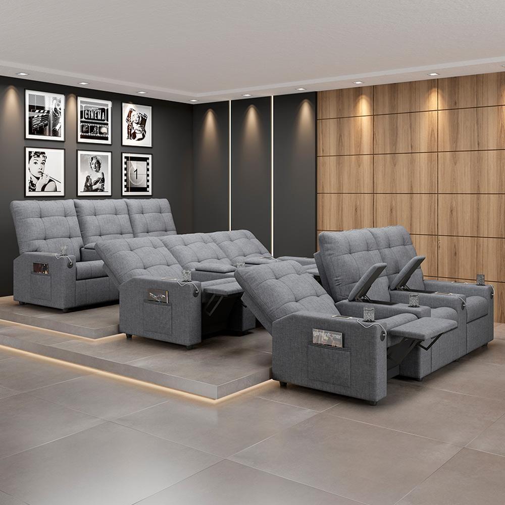 Poltrona Do Papai Reclinável Cinema 3 Lugares Manual Baú Usb Haifa F05 Linho Cinza - Lyam Decor - 5