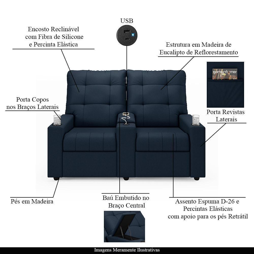 Poltrona Do Papai Reclinável Cinema 2 Lugares Manual Baú Usb Haifa F05 Veludo Azul - Lyam Decor - 7