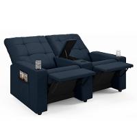 Poltrona Do Papai Reclinável Cinema 2 Lugares Manual Baú Usb Haifa F05 Veludo Azul - Lyam Decor - 1