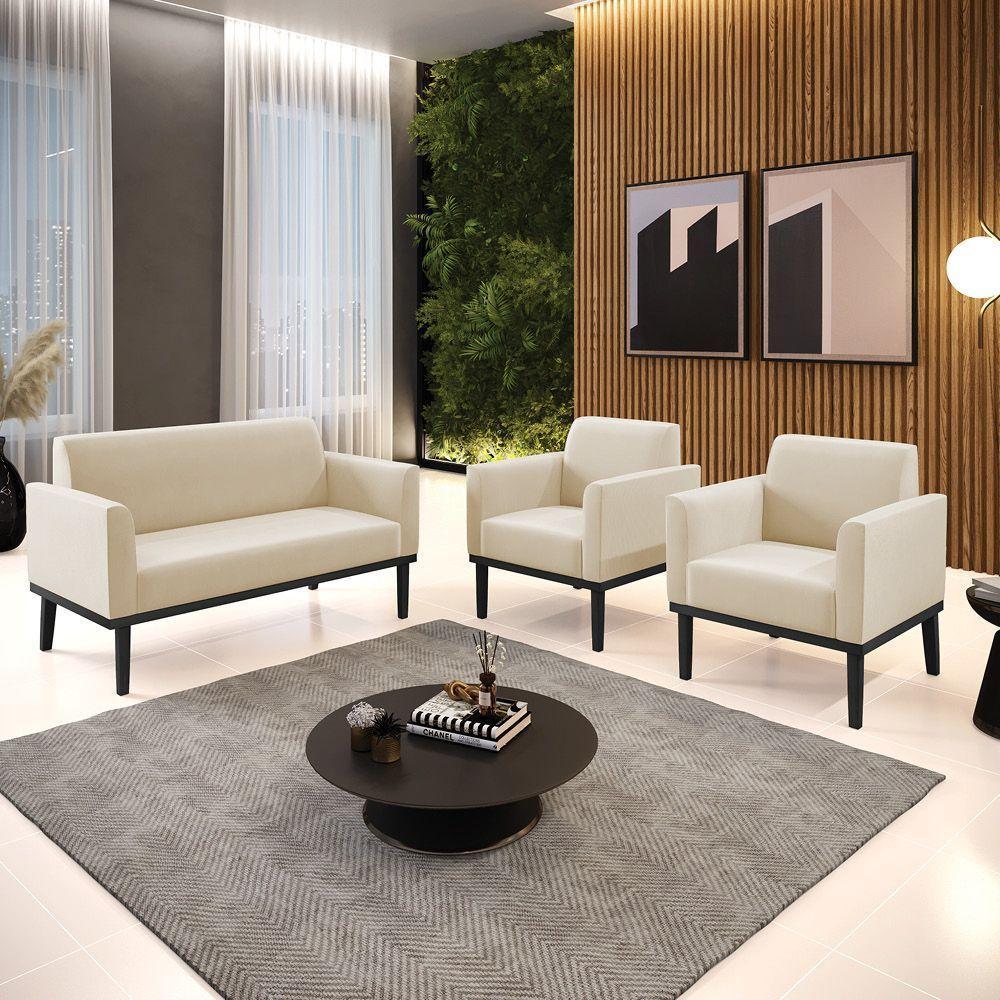 Conjunto 2 Poltronas E 1 Namoradeira Decorativa Pés Fixo Em Madeira Preto Suede Bege - 1