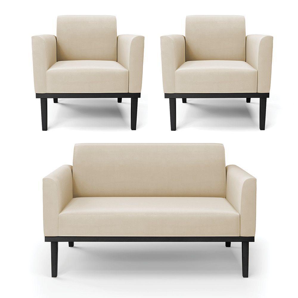 Conjunto 2 Poltronas E 1 Namoradeira Decorativa Pés Fixo Em Madeira Preto Suede Bege - 7
