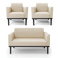 Conjunto 2 Poltronas E 1 Namoradeira Decorativa Pés Fixo Em Madeira Preto Suede Bege - 7