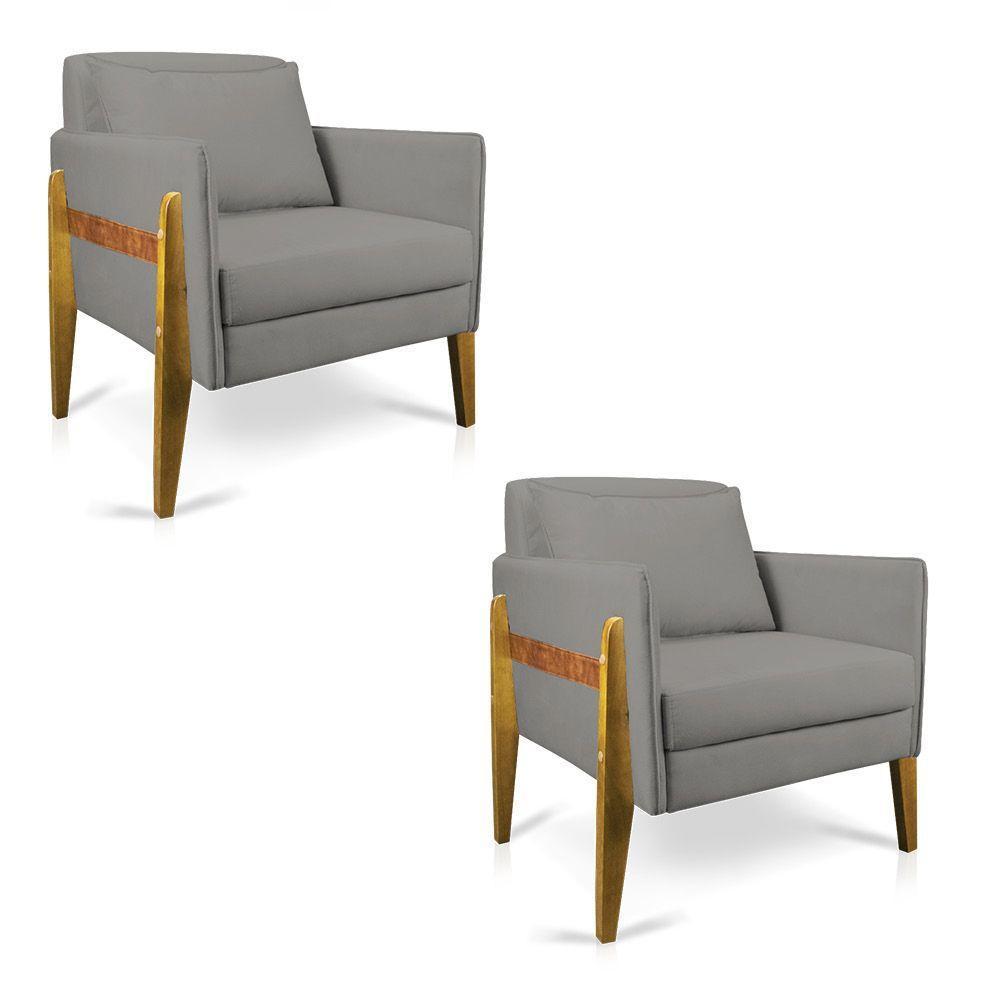 Kit 02 Poltronas Lana Suede Grafite Base De Madeira - 1