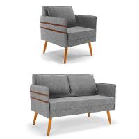 Kit 01 Namoradeira E 01 Poltrona Linho Grafite A26 Castanho - 1