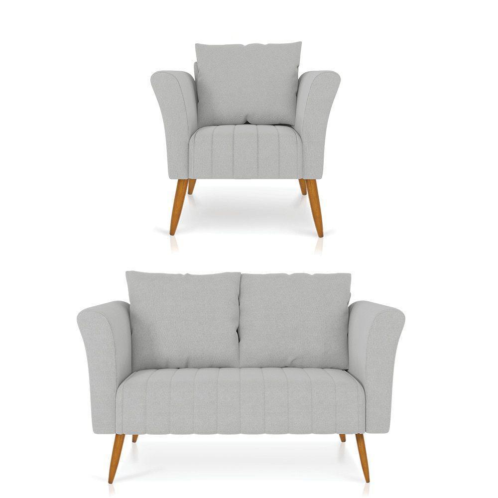 Kit 01 Namoradeira 02 Lugares E 01 Poltrona Marilia Linho Cinza Claro A05 Pés Palito Castanho - D'rossi - 1