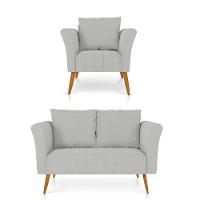 Kit 01 Namoradeira 02 Lugares E 01 Poltrona Marilia Linho Cinza Claro A05 Pés Palito Castanho - D'rossi - 1