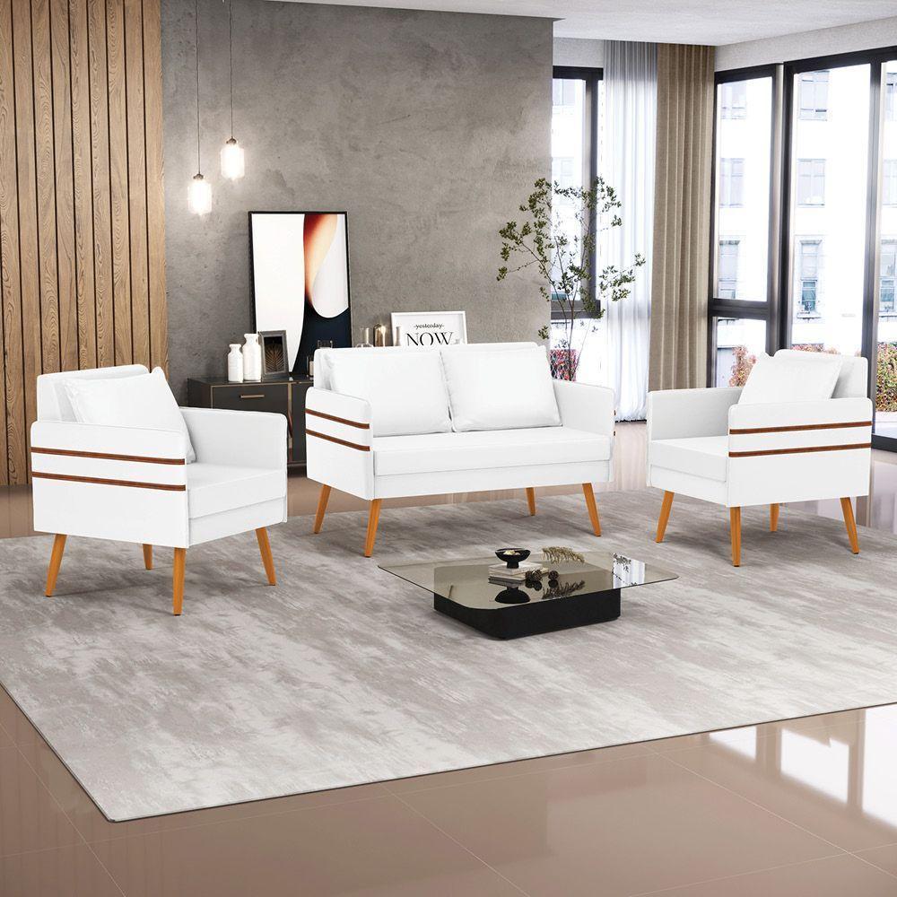 Kit 01 Namoradeira E 02 Poltronas Corino Castanho Branco - 8