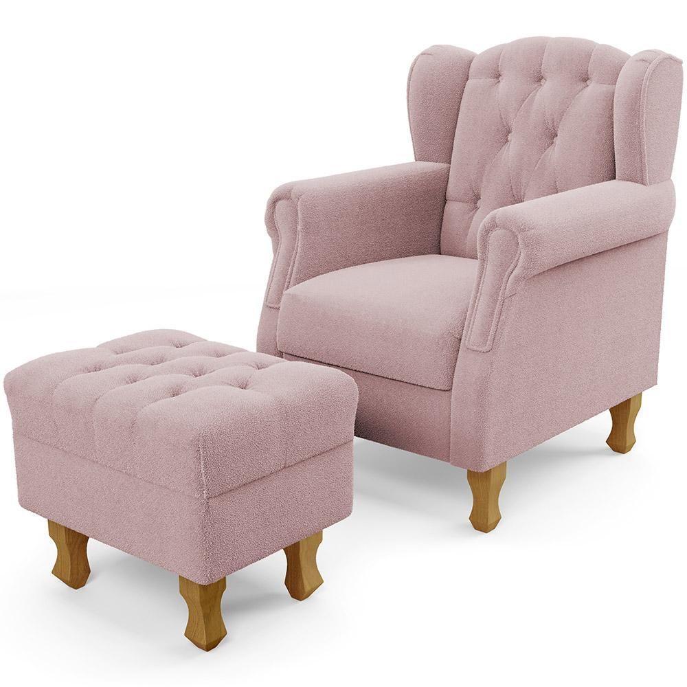 Poltrona De Amamentação Yara P02 Com Puff Paris Luis Xv L02 Bouclê Rosê - Lyam Decor - 1