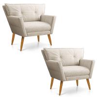 Kit 02 Poltronas Anitta Linho Pés Palito Castanho Cor A27 Areia - 1