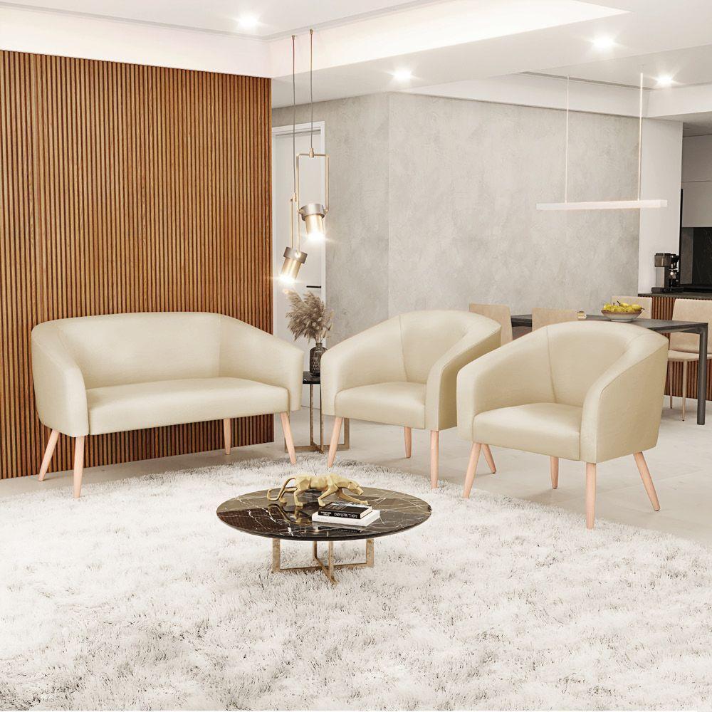 Kit 1 Namoradeira 2 Lugares E 2 Poltronas Bege Pés Palito - 7