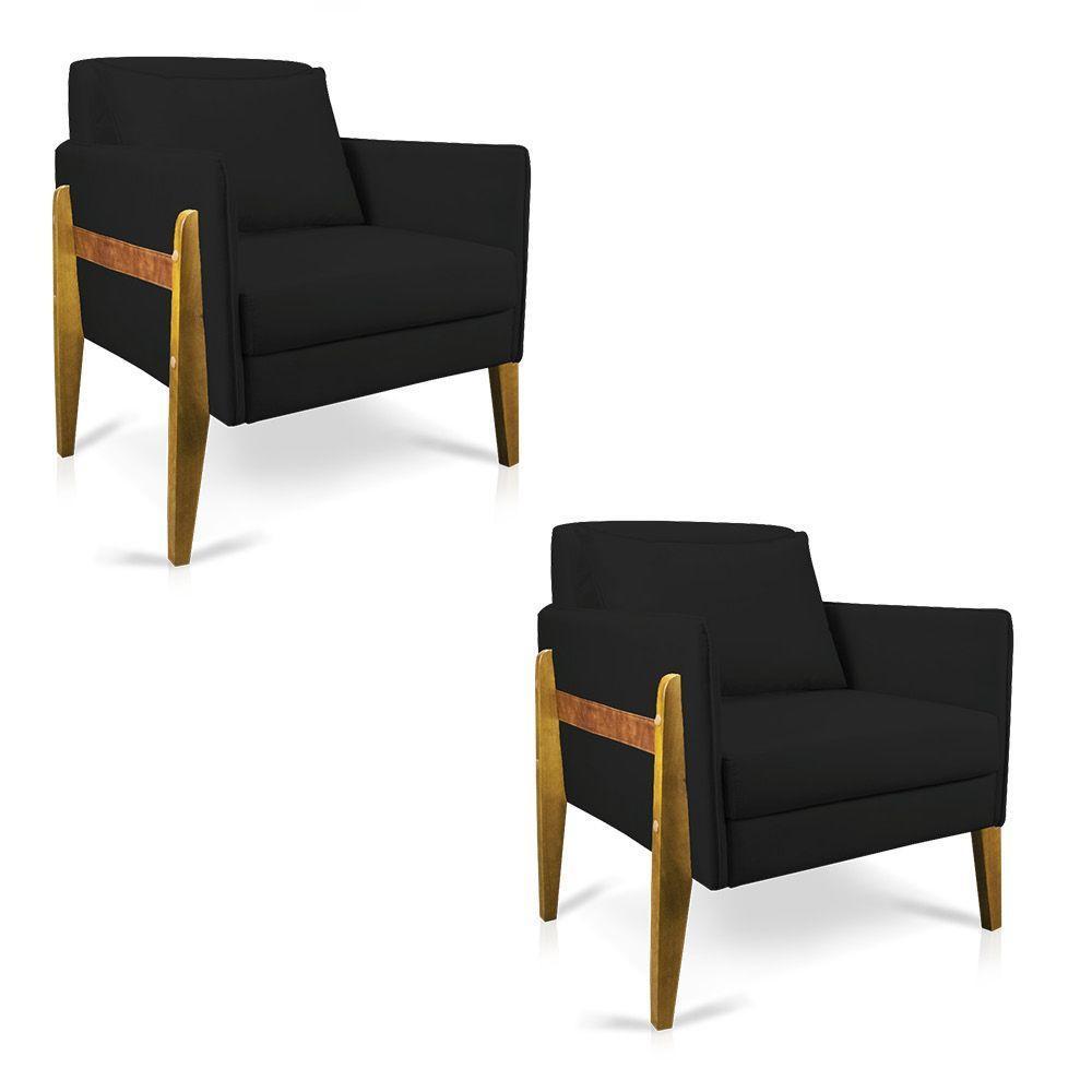 Kit 02 Poltronas Lana Suede Preto Base De Madeira - D'rossi - 1