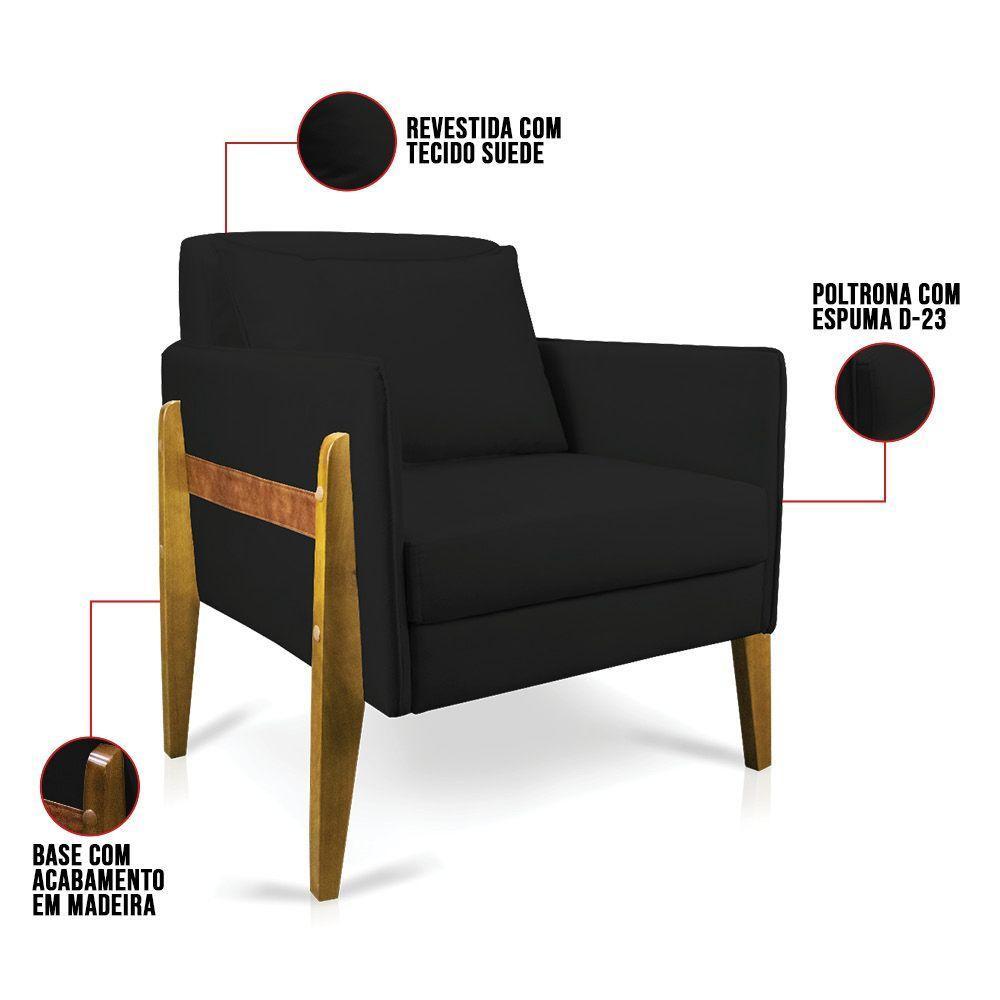 Kit 02 Poltronas Lana Suede Preto Base De Madeira - D'rossi - 3