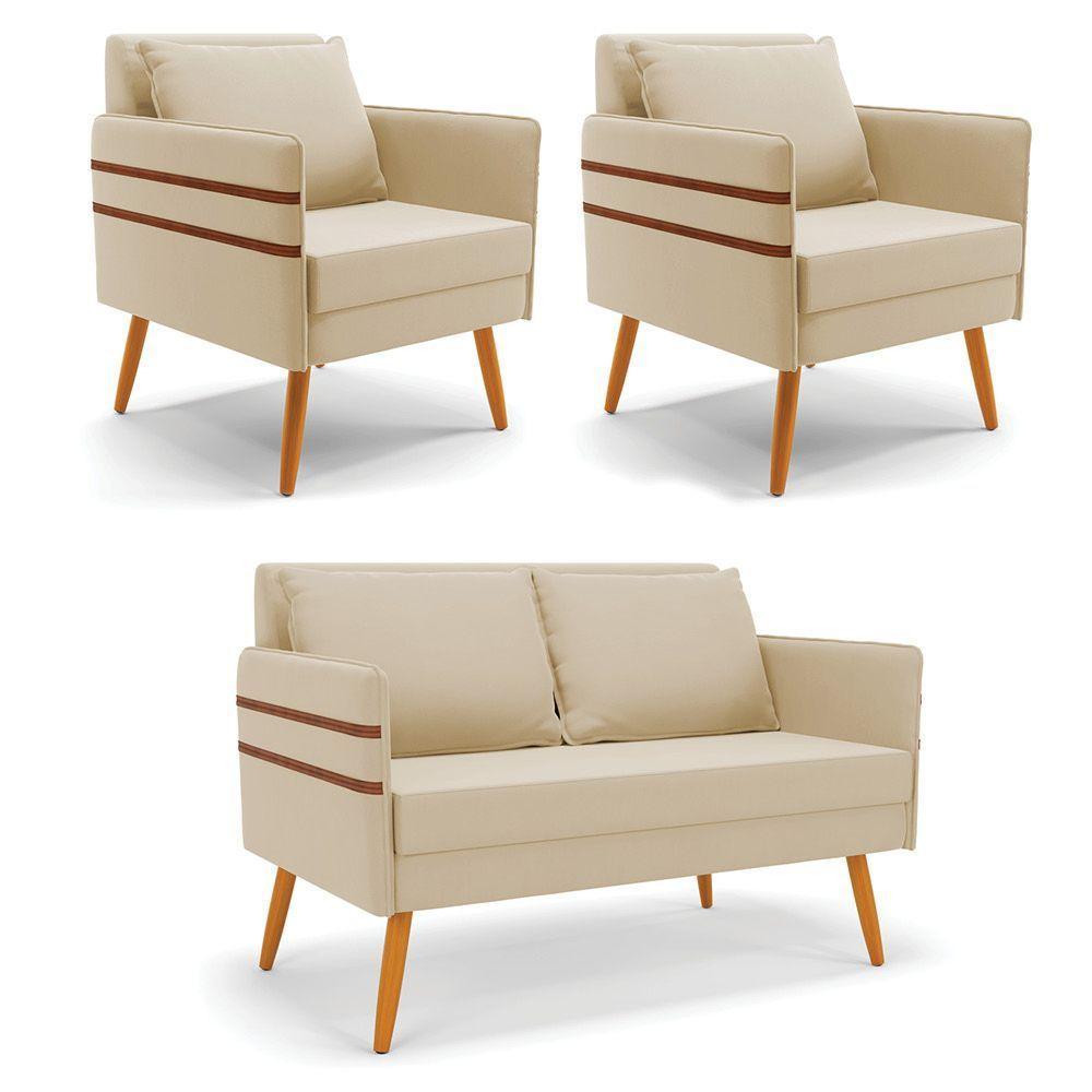 Kit 01 Namoradeira E 02 Poltronas Suede Castanho Bege - 1