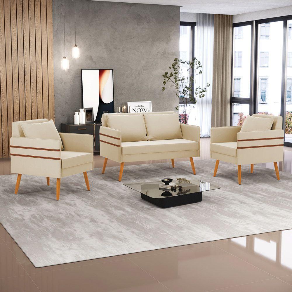 Kit 01 Namoradeira E 02 Poltronas Suede Castanho Bege - 6