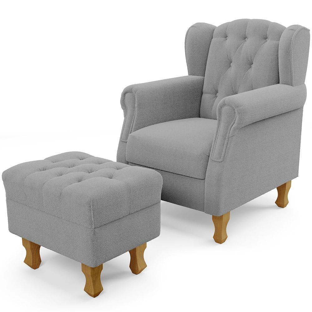 Poltrona De Amamentação Yara P02 Com Puff Paris Luis Xv L02 Bouclê Cinza - Lyam Decor - 1