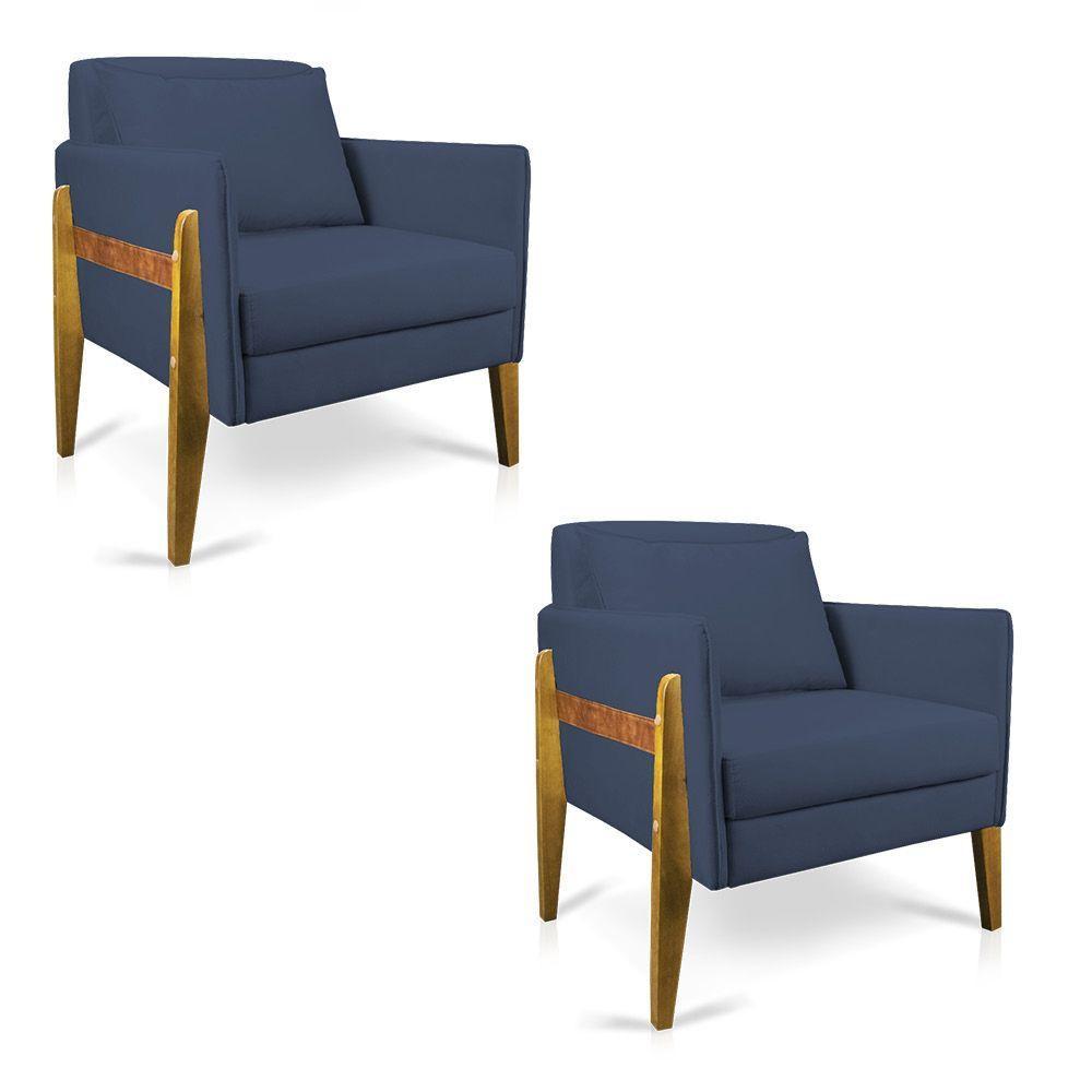 Kit 02 Poltronas Lana Suede Base De Madeira Azul Marinho - 1