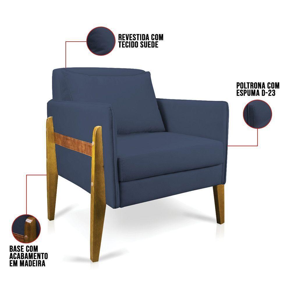 Kit 02 Poltronas Lana Suede Base De Madeira Azul Marinho - 5