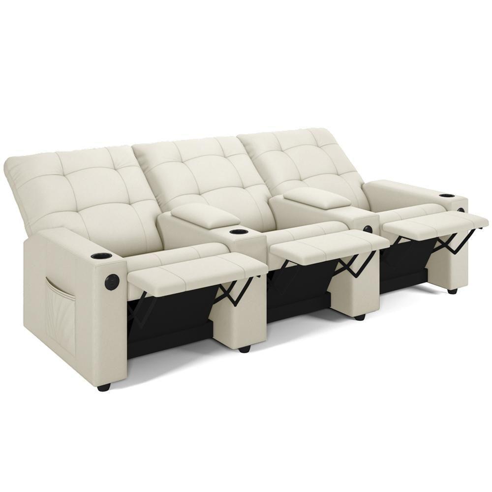 Poltrona Do Papai Reclinável Cinema 3 Lugares Manual Baú Usb Haifa F05 Veludo Bege - Lyam Decor - 1