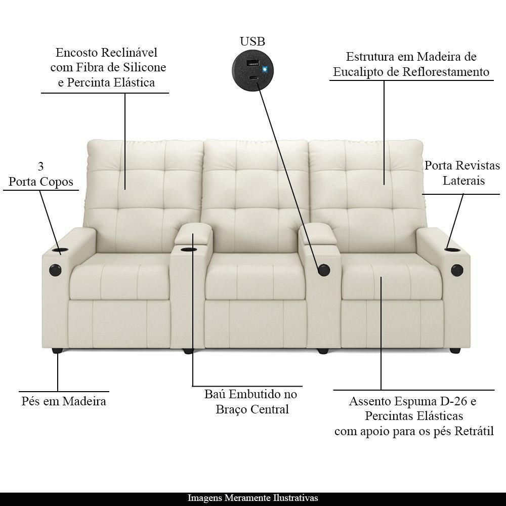 Poltrona Do Papai Reclinável Cinema 3 Lugares Manual Baú Usb Haifa F05 Veludo Bege - Lyam Decor - 7