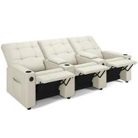 Poltrona Do Papai Reclinável Cinema 3 Lugares Manual Baú Usb Haifa F05 Veludo Bege - Lyam Decor - 1