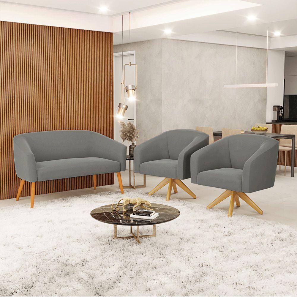 Kit 1 Namoradeira E 2 Poltronas Grafite Base Madeira - 8