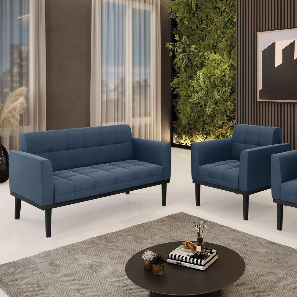 Conjunto Poltrona E Namoradeira Decorativa Pés Fixo Em Madeira Preto Suede Azul Marinho - 1
