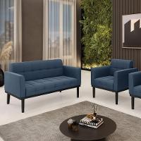 Conjunto Poltrona E Namoradeira Decorativa Pés Fixo Em Madeira Preto Suede Azul Marinho - 1