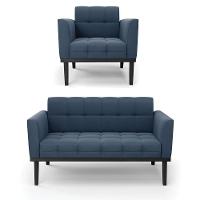 Conjunto Poltrona E Namoradeira Decorativa Pés Fixo Em Madeira Preto Suede Azul Marinho - 6