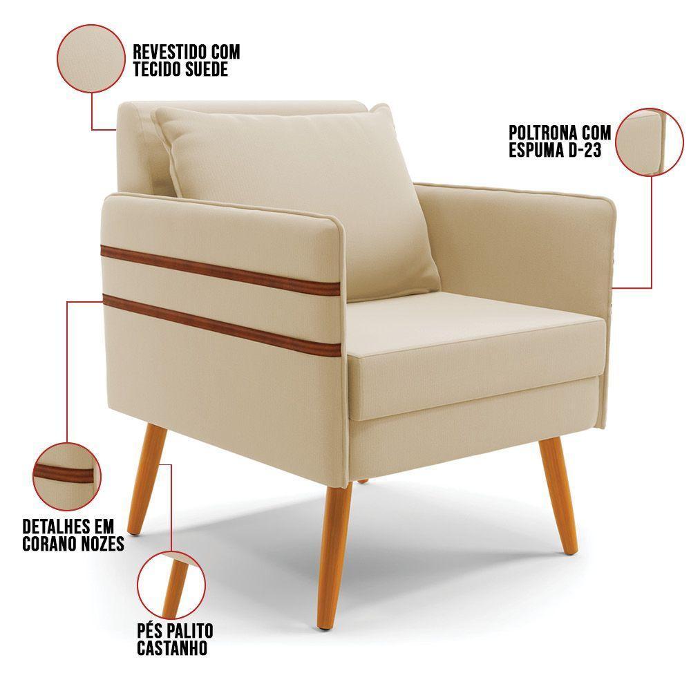 Kit 01 Namoradeira E 02 Poltronas Suede Bege Castanho - 4