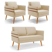 Kit 01 Namoradeira E 02 Poltronas Suede Bege Castanho - 1