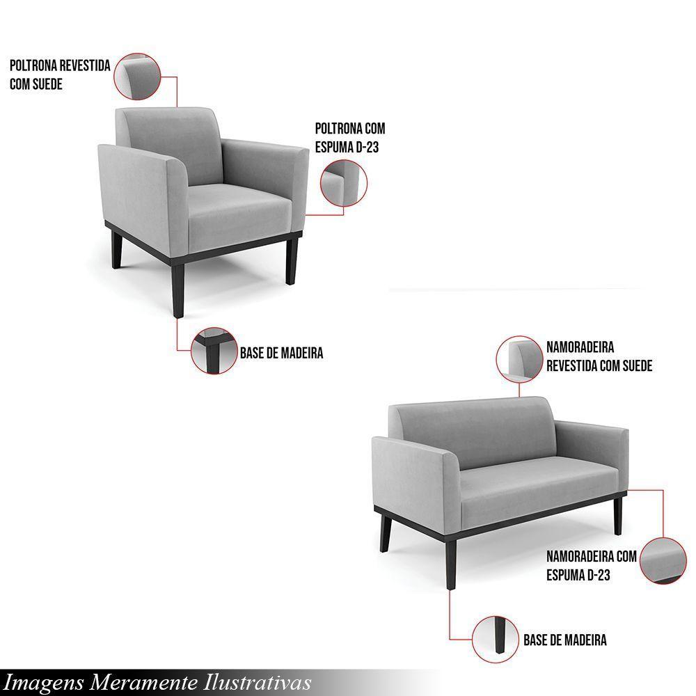 Conjunto Poltrona E Namoradeira Decorativa Pés Fixo Em Madeira Preto Suede Cinza - 6
