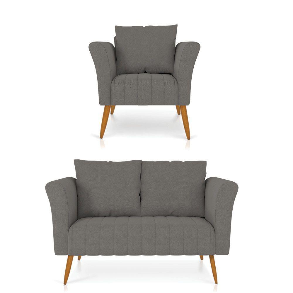 Kit 01 Namoradeira 02 Lugares E 01 Poltrona Marilia Linho Pés Palito Castanho - D'rossi Cor A26 Grafite - 1