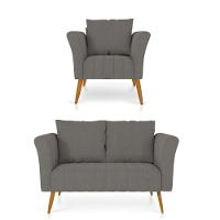 Kit 01 Namoradeira 02 Lugares E 01 Poltrona Marilia Linho Pés Palito Castanho - D'rossi Cor A26 Grafite - 1