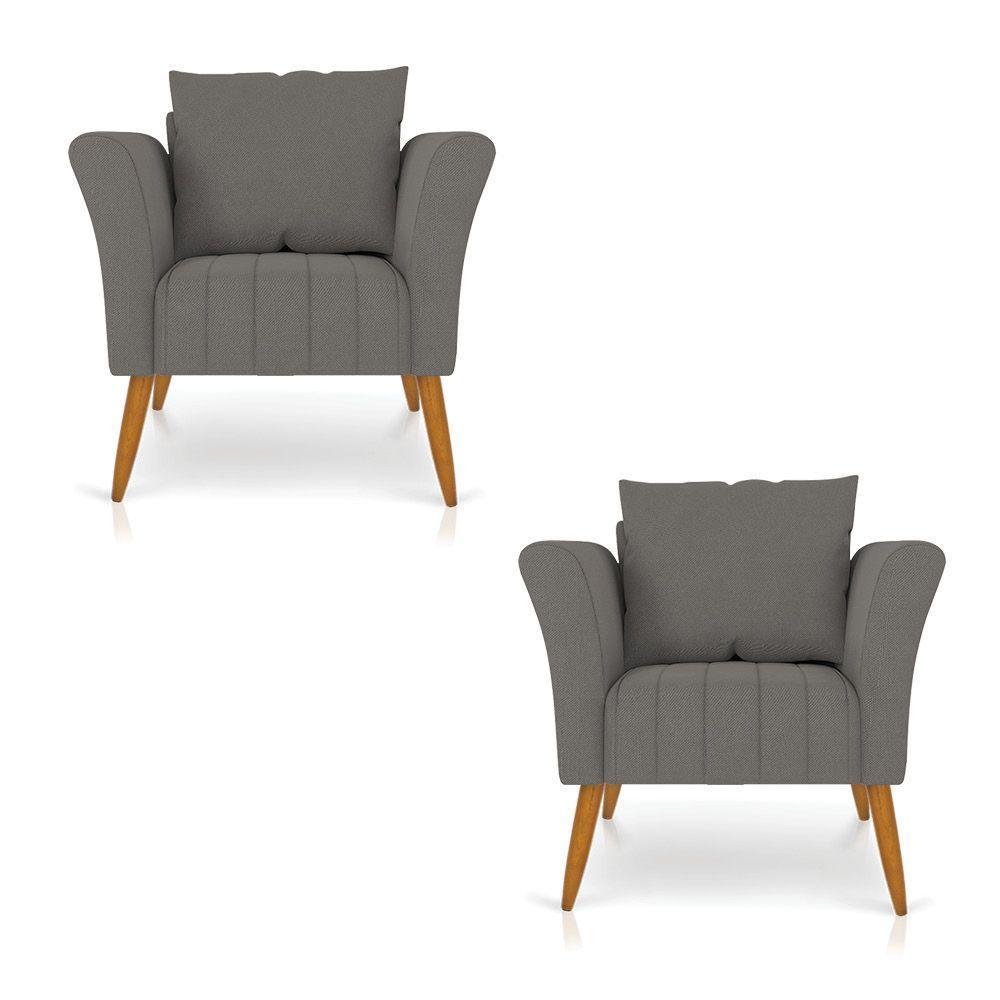 Kit 02 Poltronas Marilia Linho Pés Palito Castanho - D'rossi Cor A26 Grafite - 8