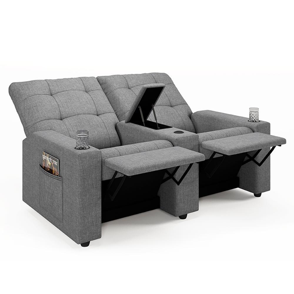 Poltrona Do Papai Reclinável Cinema 2 Lugares Manual Baú Usb Haifa F05 Linho Cinza - Lyam Decor - 1