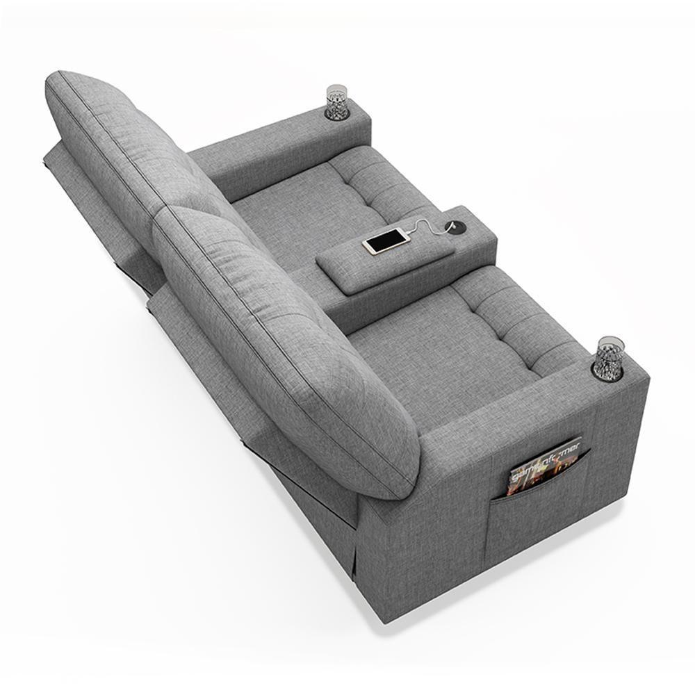 Poltrona Do Papai Reclinável Cinema 2 Lugares Manual Baú Usb Haifa F05 Linho Cinza - Lyam Decor - 4