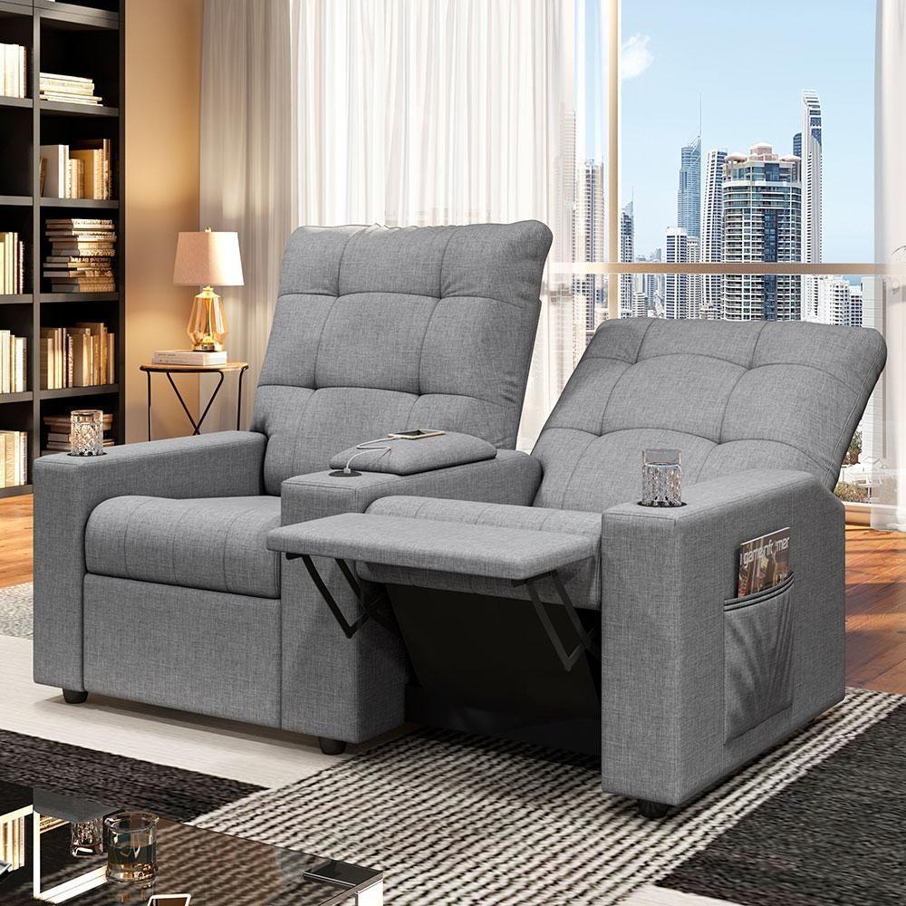 Poltrona Do Papai Reclinável Cinema 2 Lugares Manual Baú Usb Haifa F05 Linho Cinza - Lyam Decor - 5