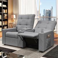 Poltrona Do Papai Reclinável Cinema 2 Lugares Manual Baú Usb Haifa F05 Linho Cinza - Lyam Decor - 5