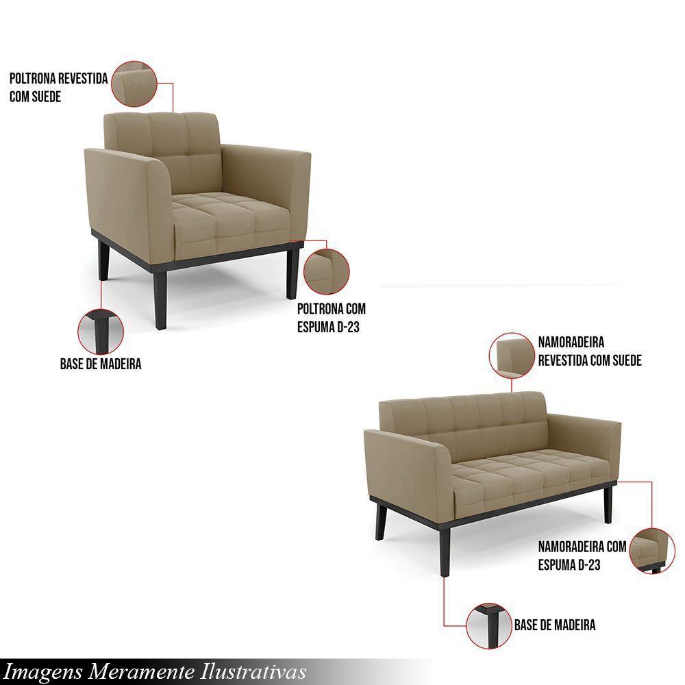 Conjunto Poltrona E Namoradeira Decorativa Pés Fixo Em Madeira Preto Suede Nude - 6
