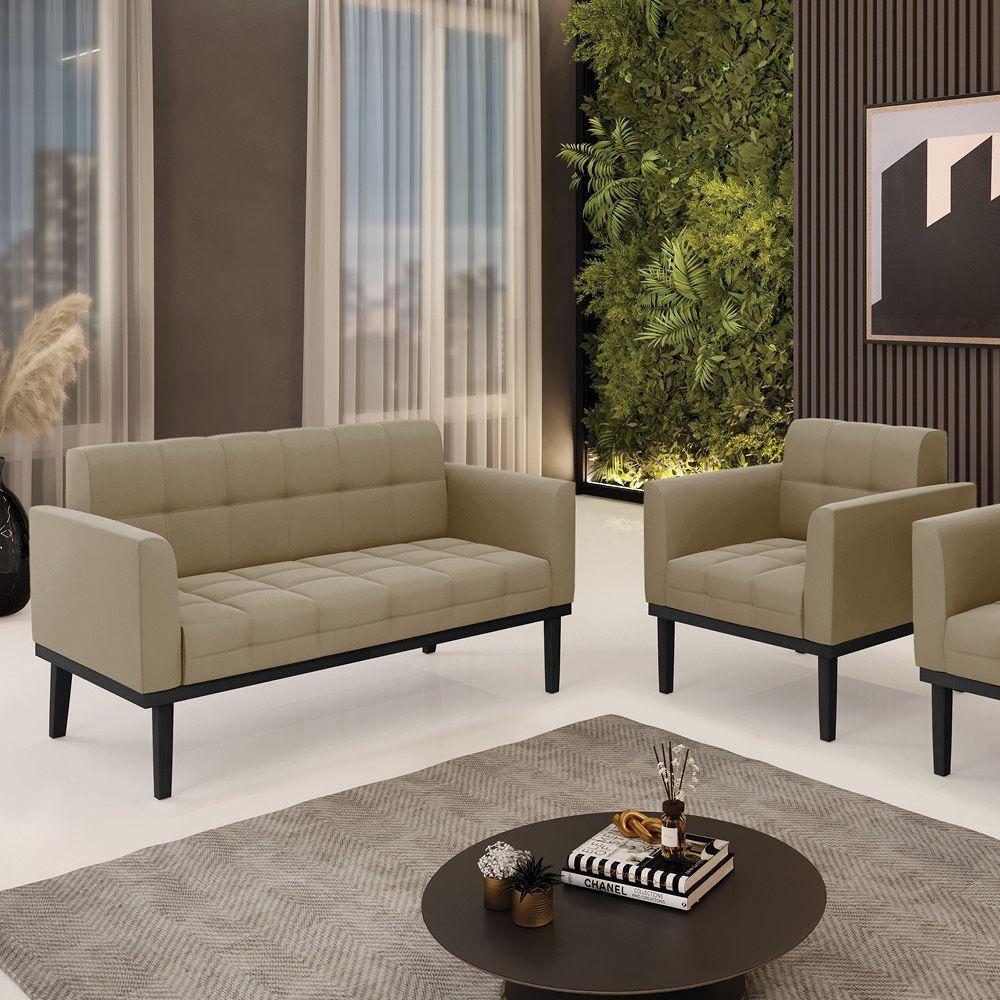 Conjunto Poltrona E Namoradeira Decorativa Pés Fixo Em Madeira Preto Suede Nude - 7