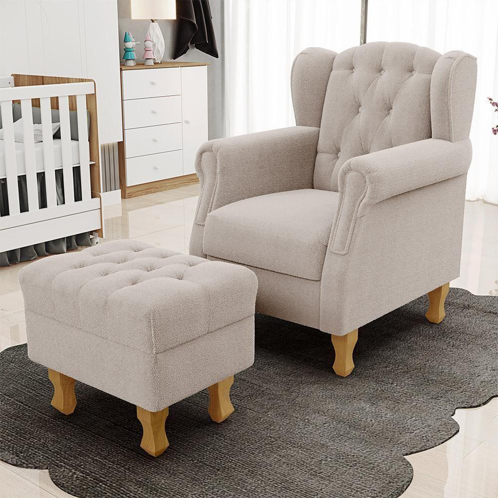 Poltrona De Amamentação Yara P02 Com Puff Paris Luis Xv L02 Bouclê Creme - Lyam Decor - 8