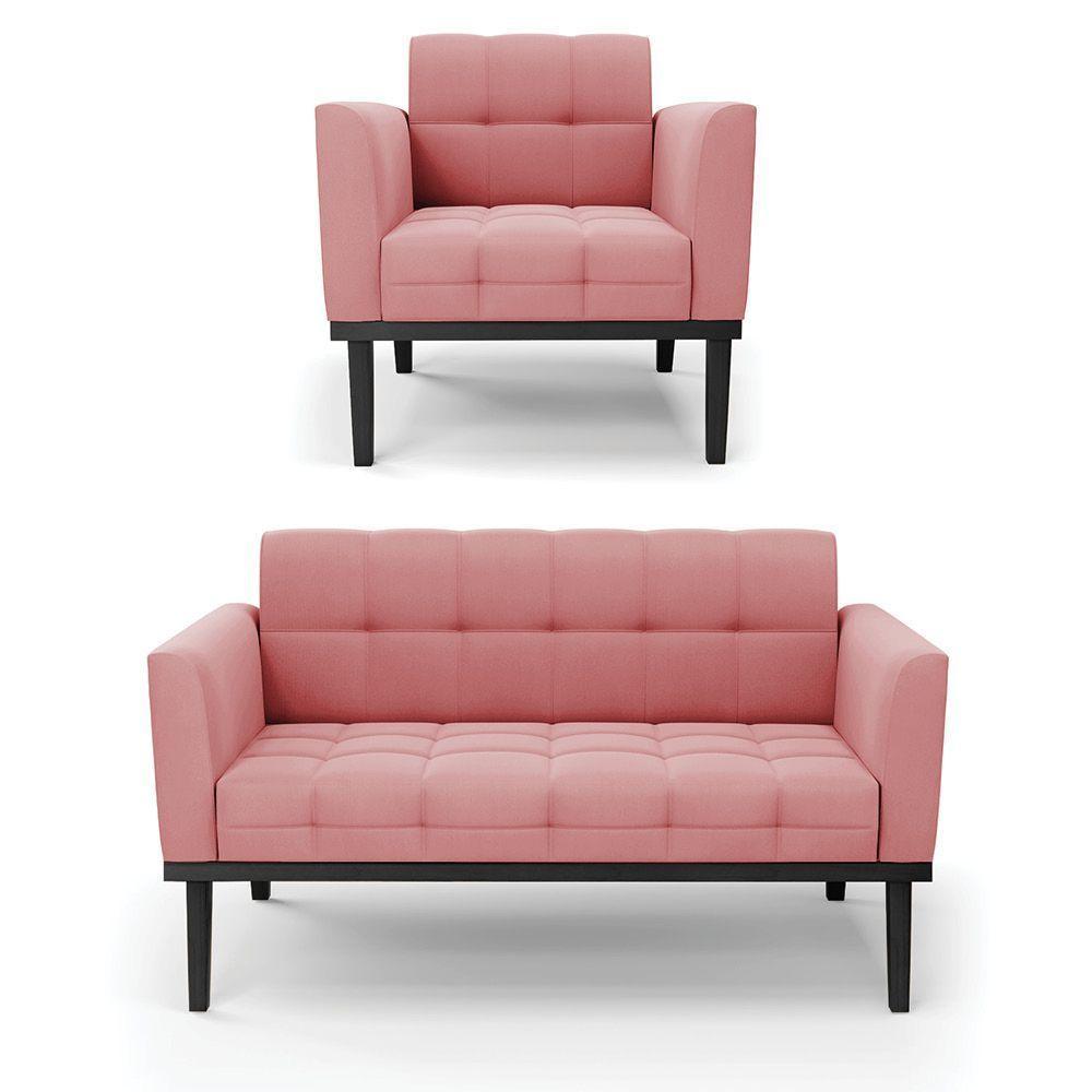 Conjunto Poltrona E Namoradeira Decorativa Pés Fixo Em Madeira Preto Suede Rose - 1