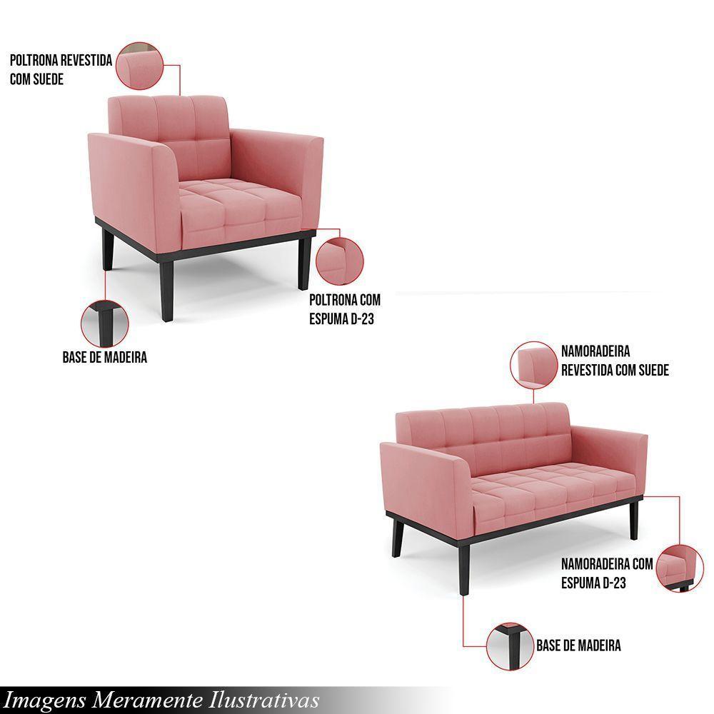 Conjunto Poltrona E Namoradeira Decorativa Pés Fixo Em Madeira Preto Suede Rose - 6