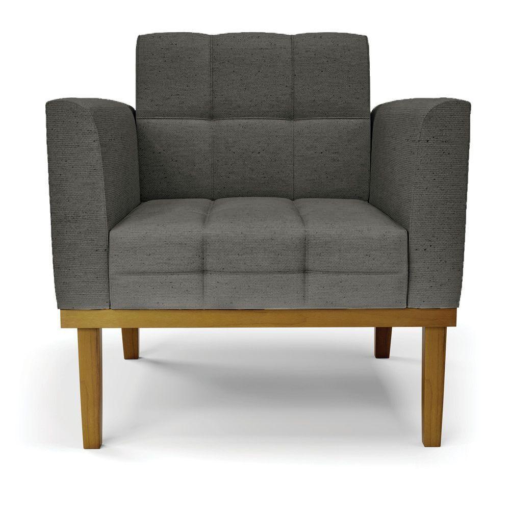 Poltrona Decorativa Pés Fixo Em Madeira Castanho Linho Cinza Mesclado - 3