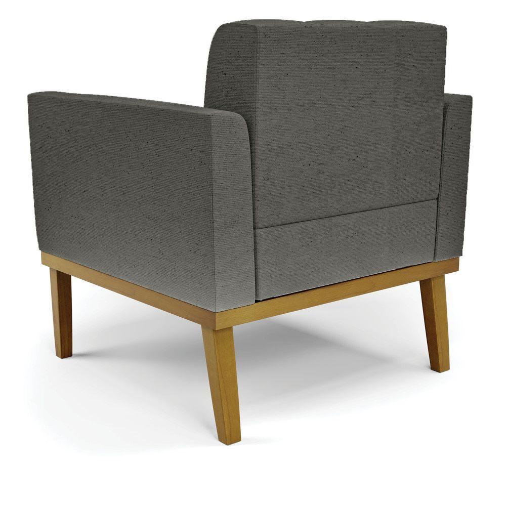 Poltrona Decorativa Pés Fixo Em Madeira Castanho Linho Cinza Mesclado - 5