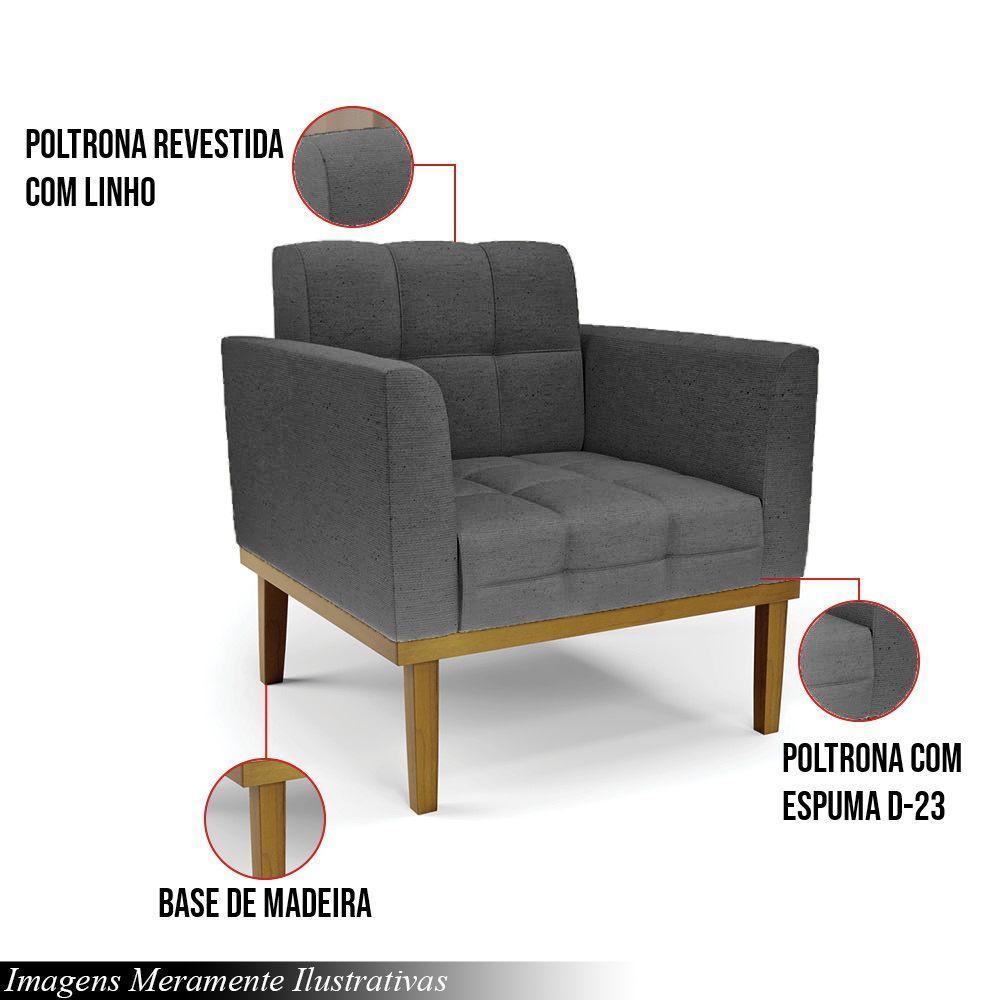 Poltrona Decorativa Pés Fixo Em Madeira Castanho Linho Cinza Mesclado - 6